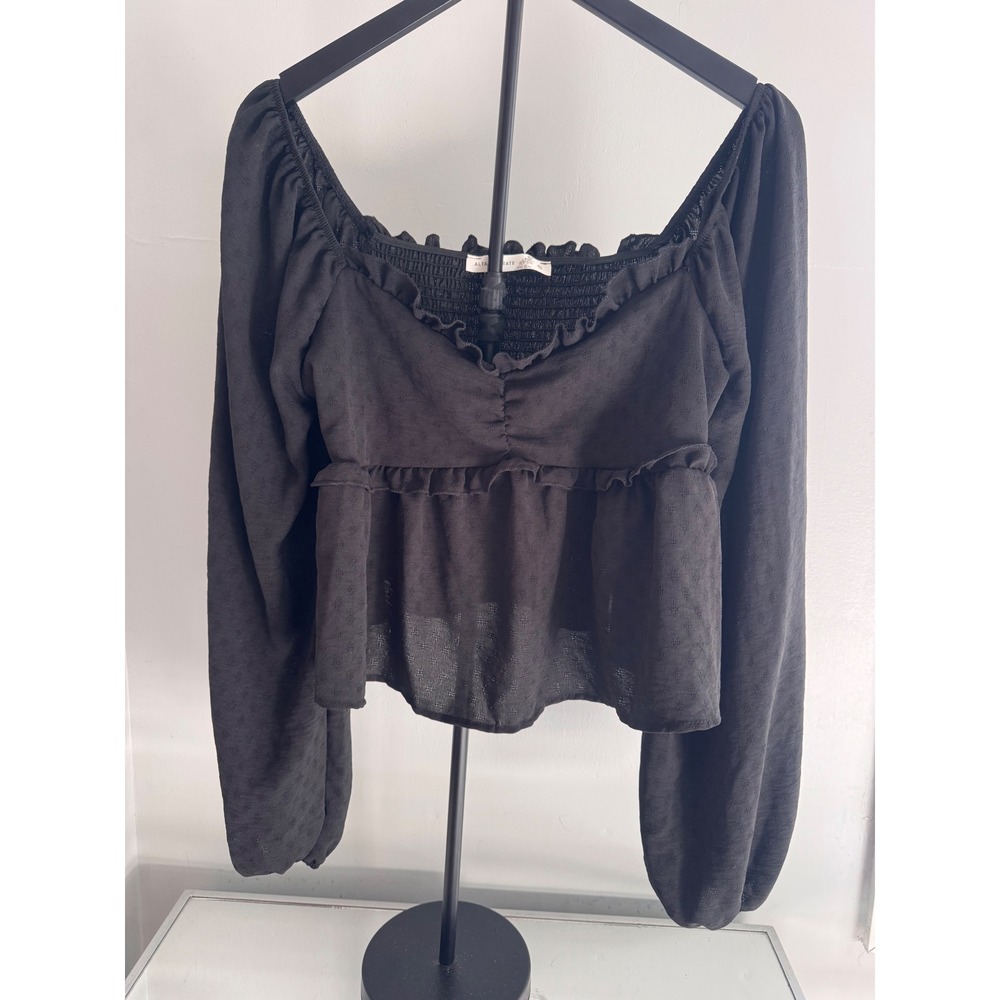 NWT Altar'd State Black Swiss Dot Smocked Back Long Sleeve Crop Top XL